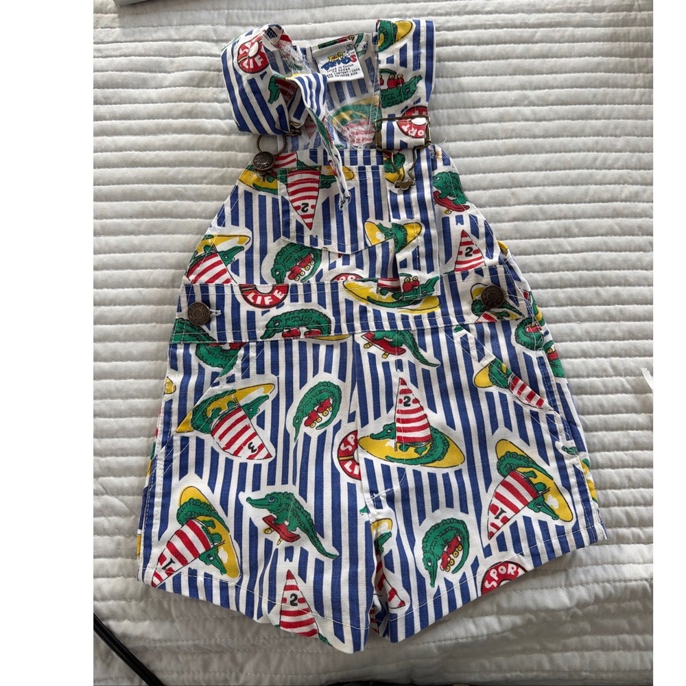 Tot Trends Overalls Kids 18M Blue White Striped Good Vintage Alligator Print